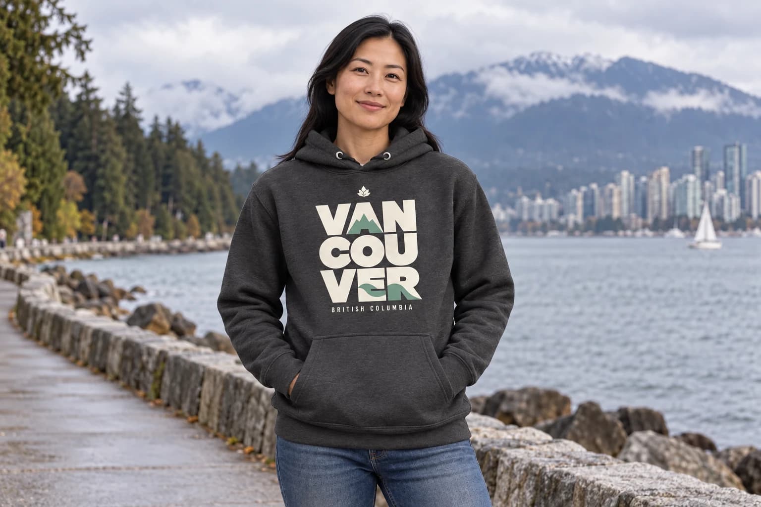 Vancouver graphic hoodie beside the water and mountains
