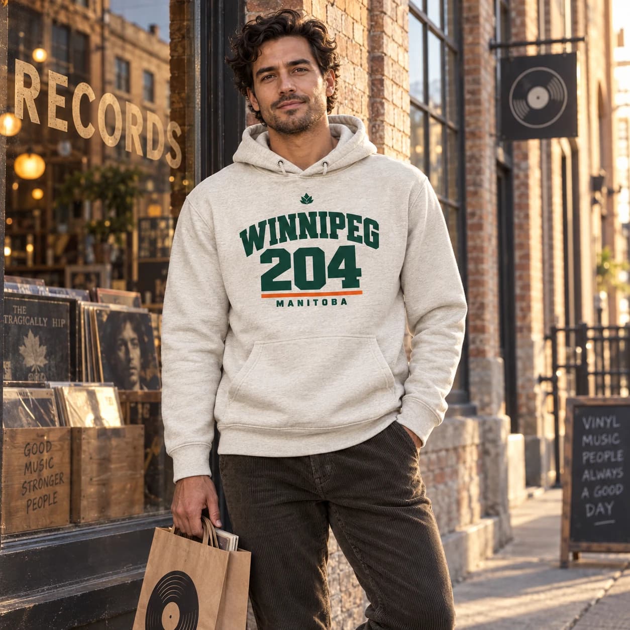 Winnipeg 204 hoodie worn while browsing records