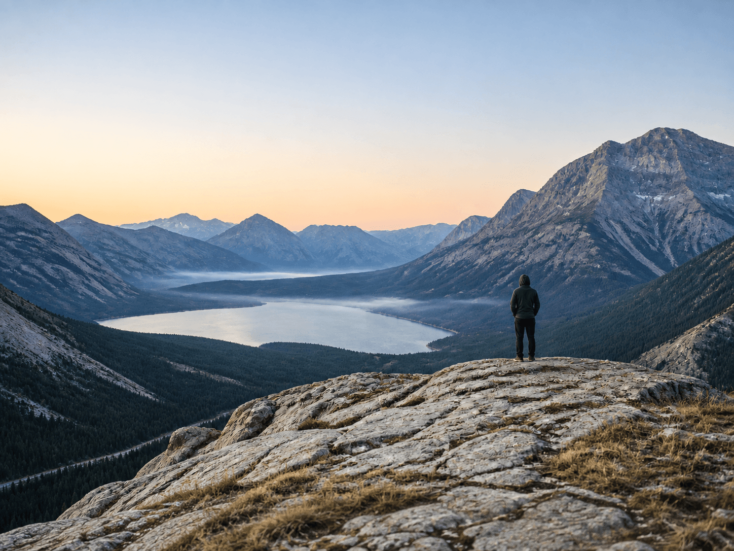 A lone hiker looking out over lakes and peaks in the Canadian Rockies