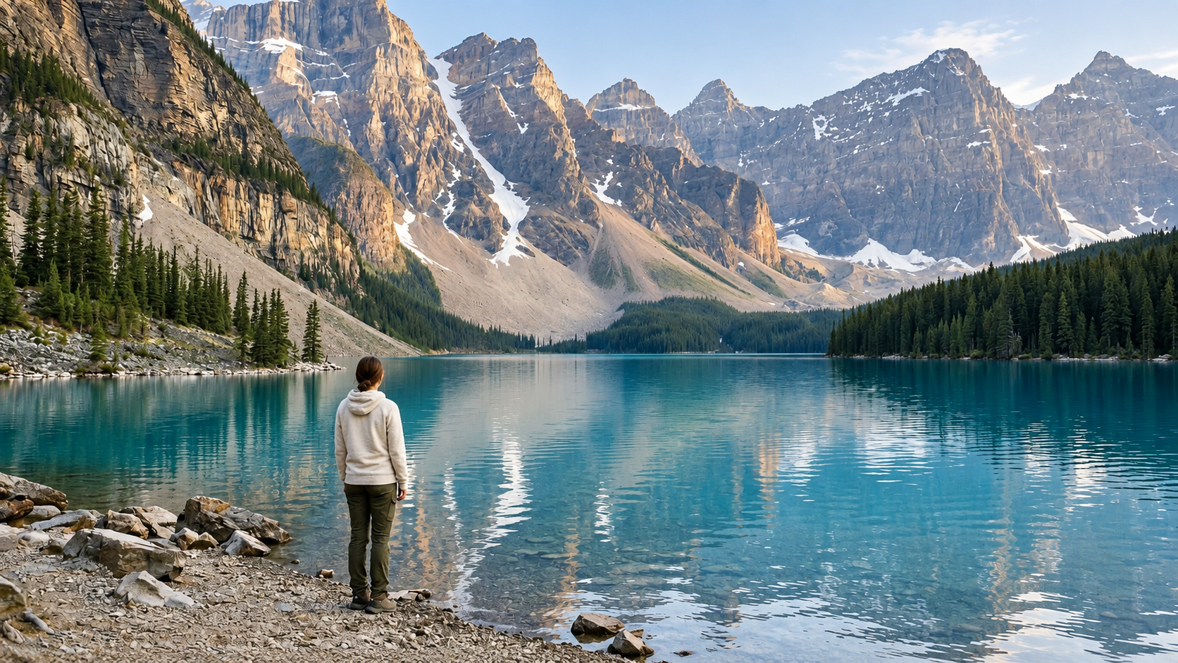 A hiker in an oatmeal hoodie looking out across the turquoise waters and rugged peaks of the Canadian Rockies