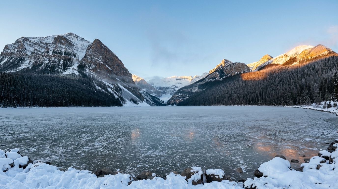Panoramic winter view of frozen Lake Louise and snow-capped peaks in the Canadian Rockies