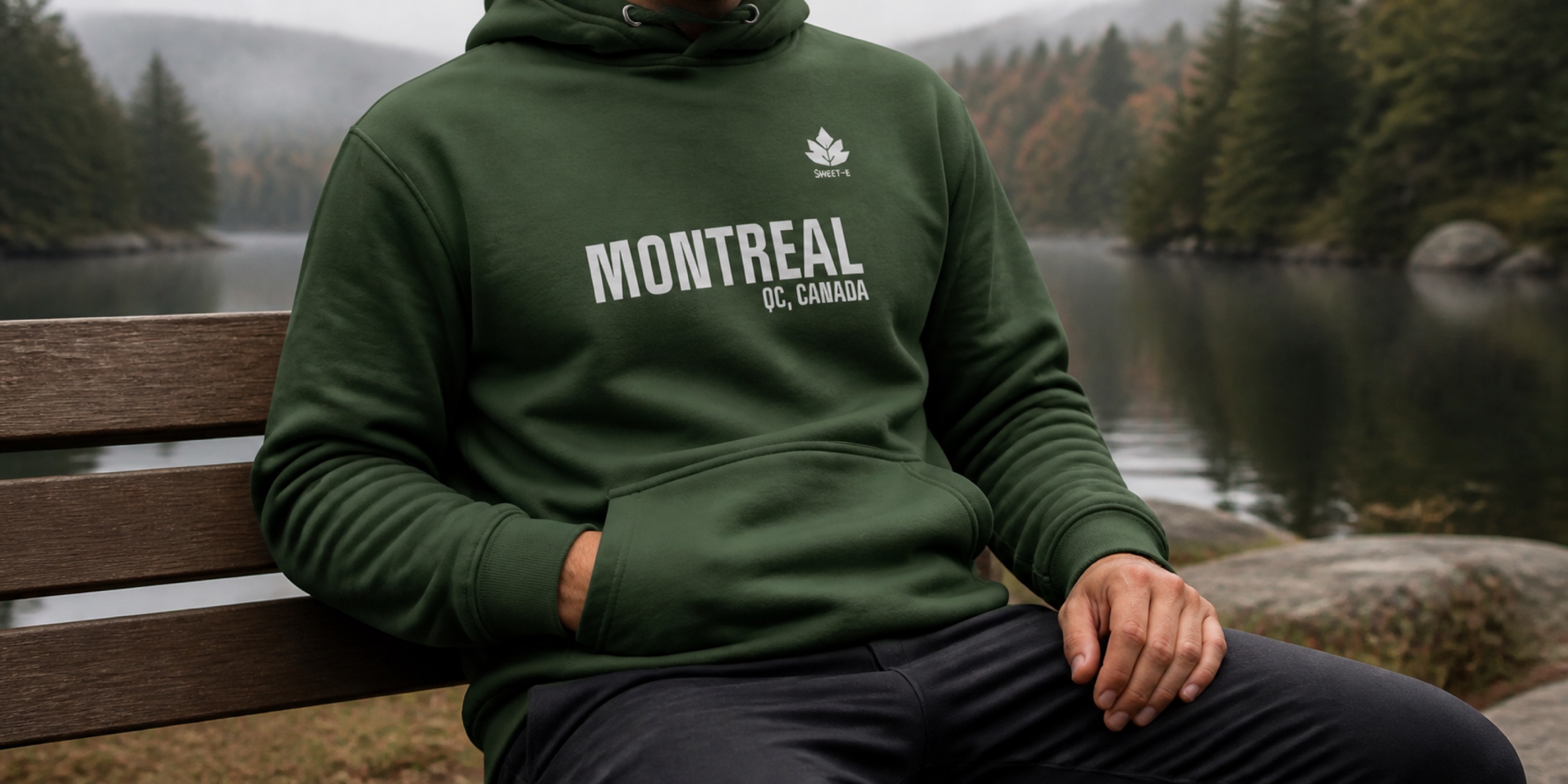 Forest green Montreal hoodie by a quiet lake