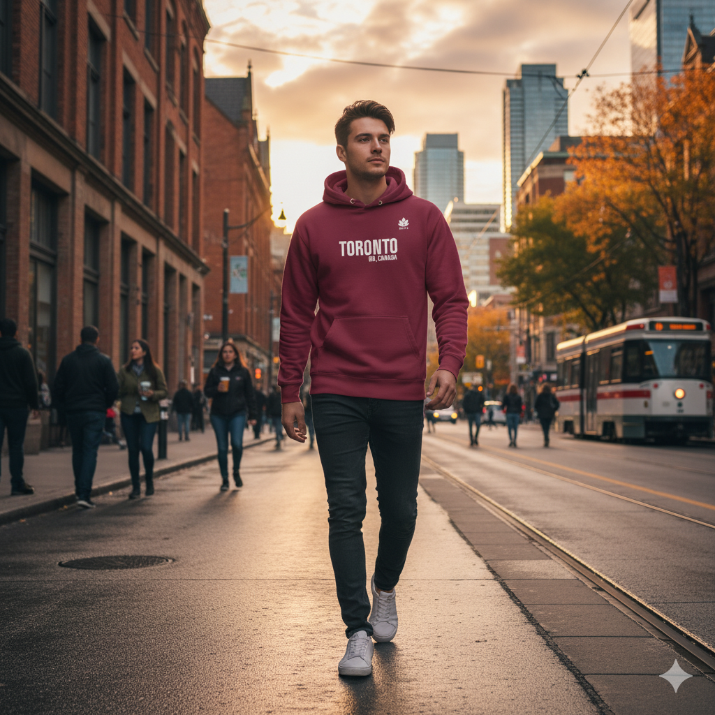 Sweet-e explorer hoodie styled on a trail near evergreen trees.